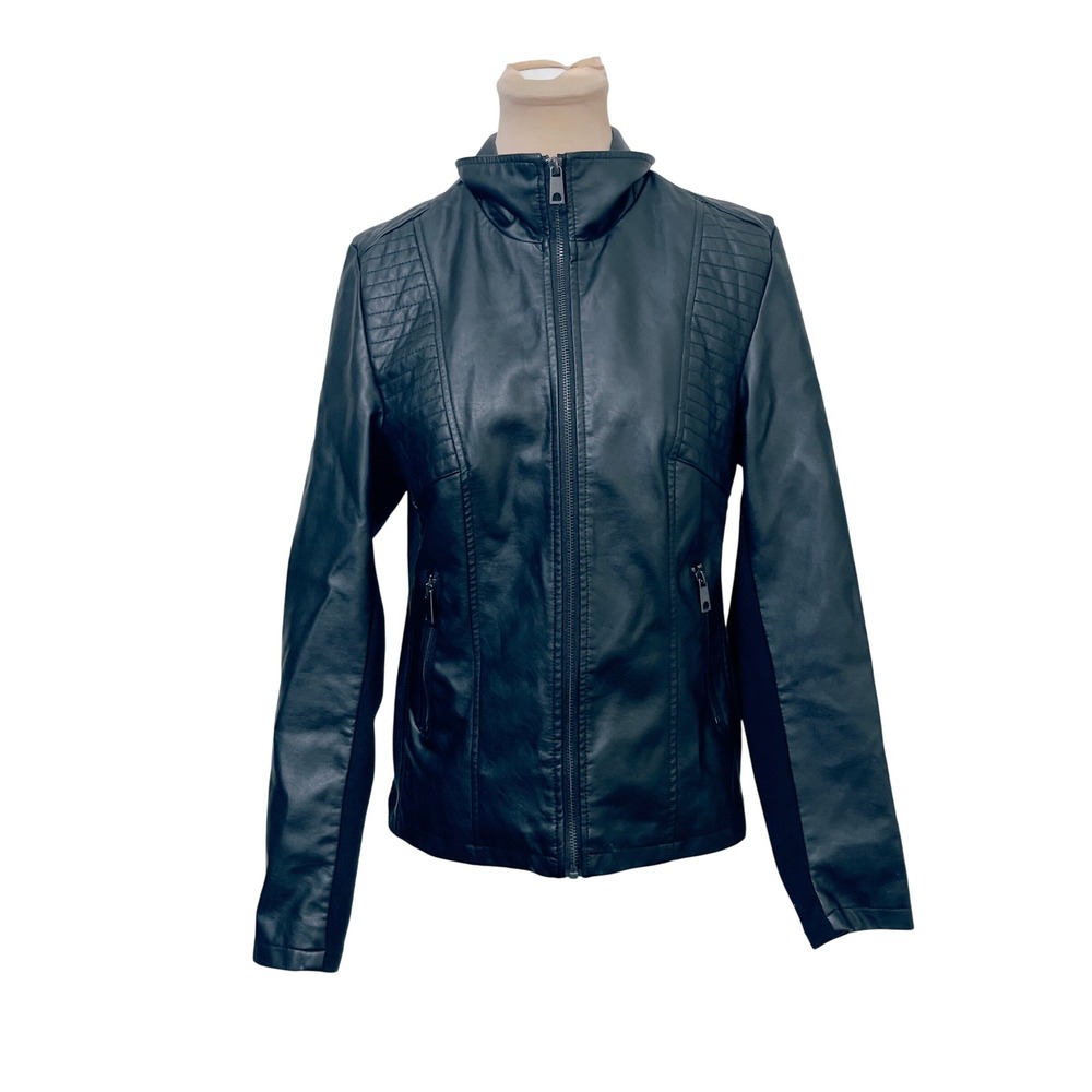 SPUM Faux Leather Moto Jacket Size M Black Quilted Shoulder Edgy Minimalist‎